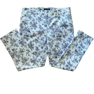 Mario Serrani Stretch White Navy Blue Floral Print Ankle Cropped Trousers Pants